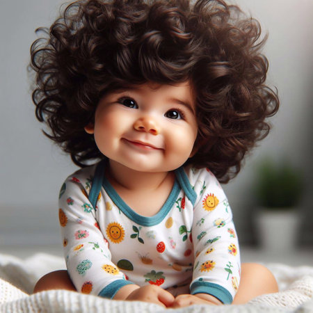 Cute little baby girl with curly hair sitting on the bed at home.の素材