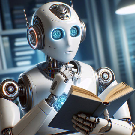 Robot reading a book. 3D rendering. Robot on blurred background.の素材