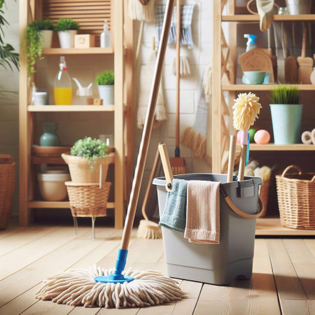 House cleaning. Cleaning bucket with mop and towel on wooden floorの素材