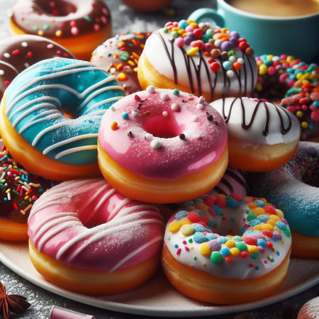 assorted donuts with chocolate frosted, pink glazed and sprinkles donuts.の素材