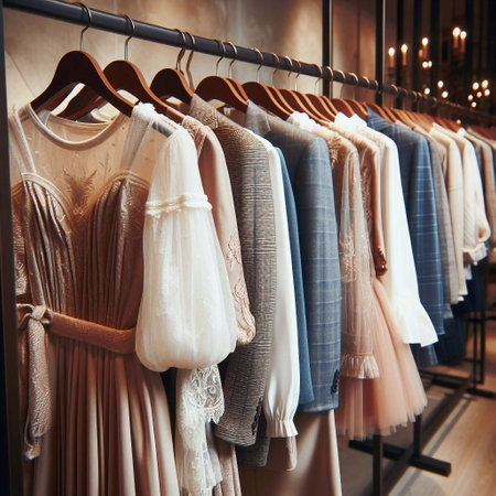 Women's dresses on hangers in the store. Fashionable conceptの素材