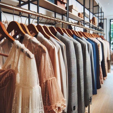 luxury and fashionable european different dresses hanging on hangers in boutiqueの素材