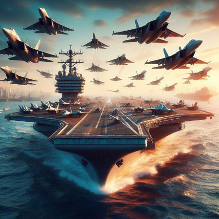 Fighter aircraft carrier flying in the sky. 3d render illustrationの素材