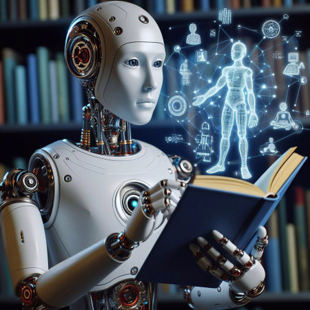 Robot reading a book in library. Education concept. 3d renderingの素材