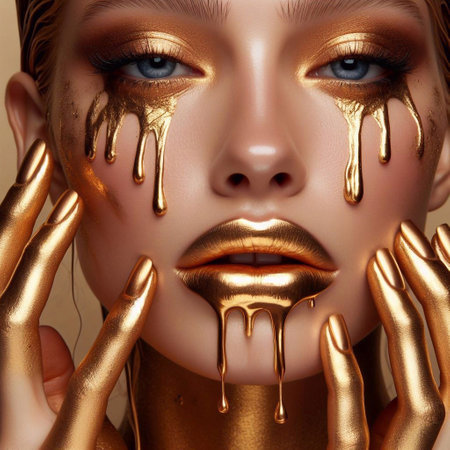 Beautiful woman with golden makeup and golden nail polish on her faceの素材