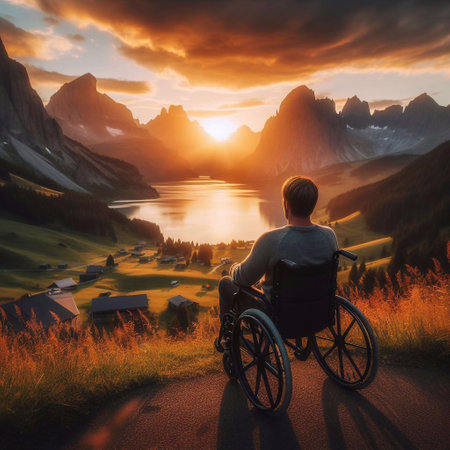 Disabled man in a wheelchair on the background of the mountains.の素材