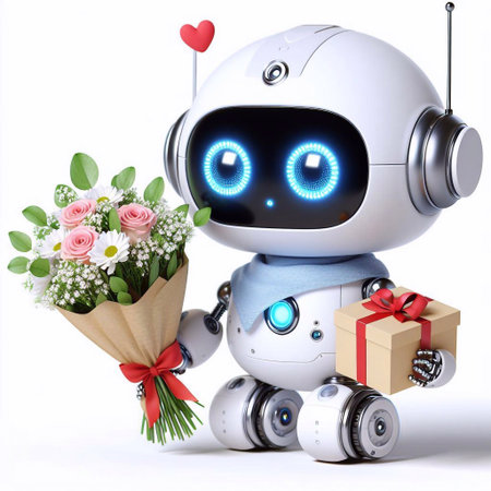Robot with a bouquet of flowers and a gift on a white backgroundの素材