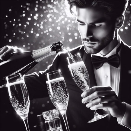 Handsome young man in tuxedo pouring champagne into glassesの素材