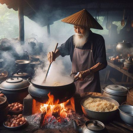 Old man cooking rice in a pot on the fire in the kitchenの素材