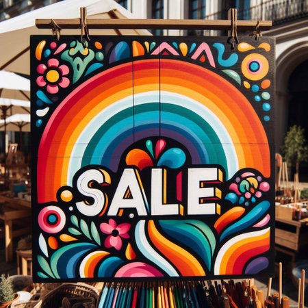 Colorful sign with the word SALE on the background of the shop windowの素材