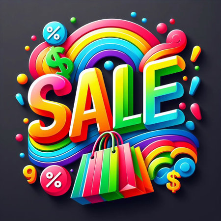 Sale lettering with colorful shopping bags and discount icons. Vector illustration.の素材