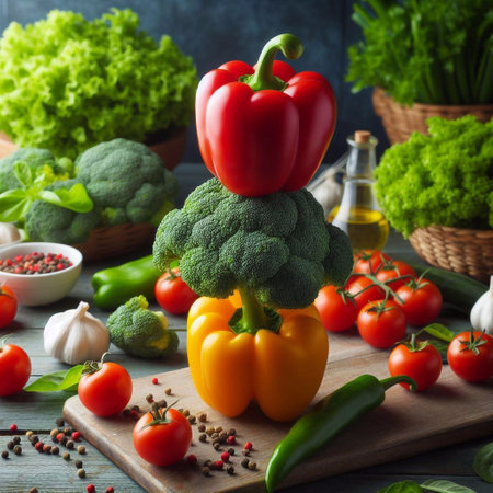 Vegetables and spices on wooden table. Healthy food concept.の素材