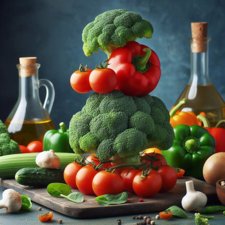 Composition with fresh vegetables and olive oil on table, closeupの素材