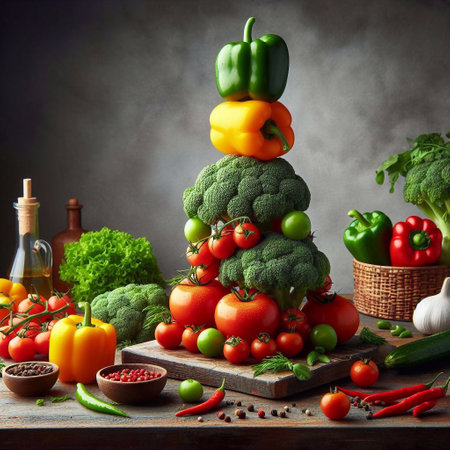 Creative vegetable pyramid made of fresh vegetables and herbs on dark backgroundの素材