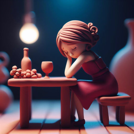 Terracotta figurine of a girl sitting at a table in a restaurantの素材