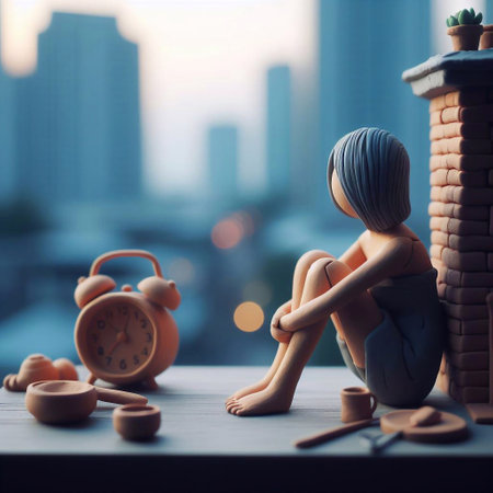 Miniature doll sitting on the table with alarm clock in the backgroundの素材