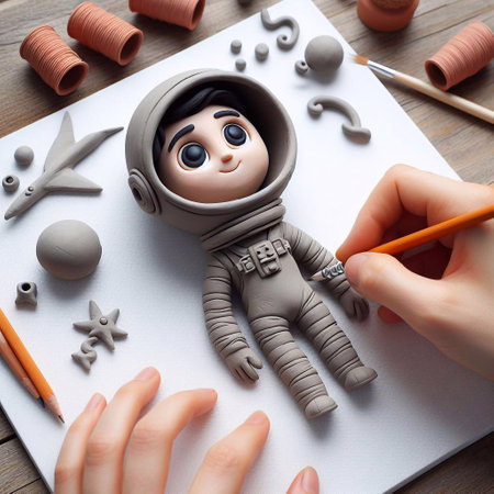 Close up of childs hands drawing with pencil toy astronaut on paperの素材