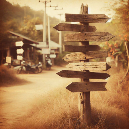 Wooden signpost in the park with filter effect retro vintage styleの素材