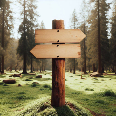 Wooden signpost in the forest. Conceptual image of direction.の素材