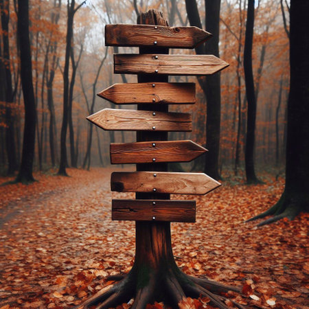 Wooden signpost in the autumn forest. Conceptual image.の素材