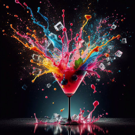 Colorful splashes of juice in martini glass on dark backgroundの素材