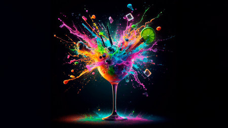 Colorful splashes in a martini glass on a black backgroundの素材