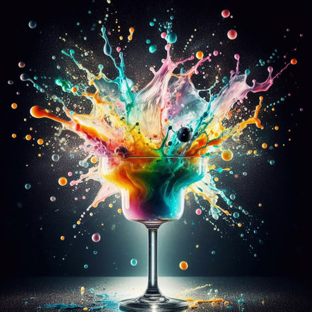 Colorful splashes in a martini glass on black background.の素材