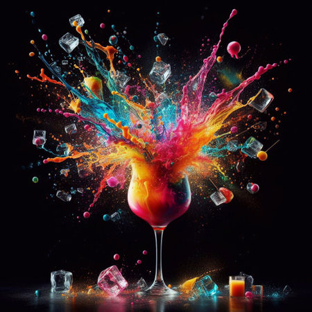 Colorful splashes of juice in a glass on a black backgroundの素材