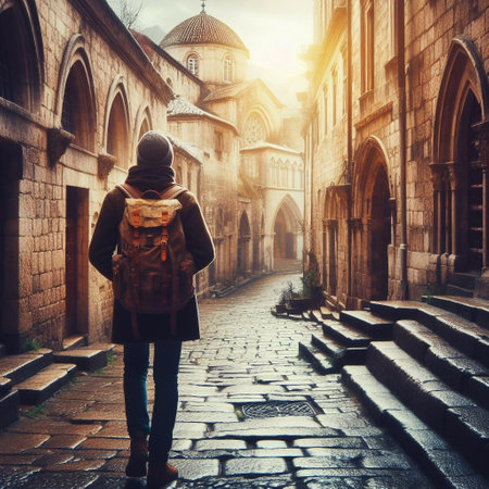 Young woman tourist with backpack in the old city. Travel concept.の素材