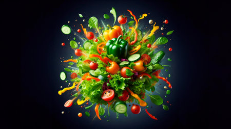 Healthy vegetable salad with splashes on black background. Mixed mediaの素材