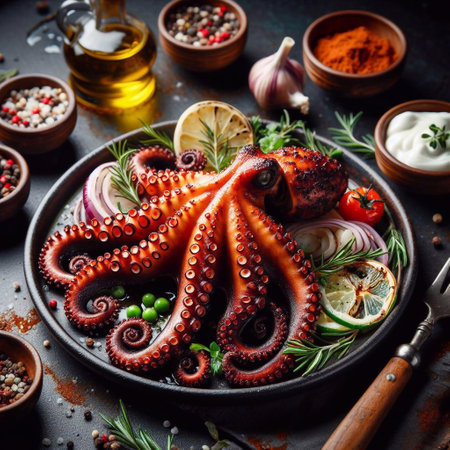 Fresh octopus with spices and herbs on a dark background. Selective focus.の素材