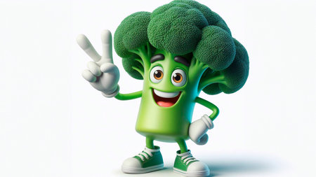 Cartoon character of broccoli with victory gesture on a white background.の素材