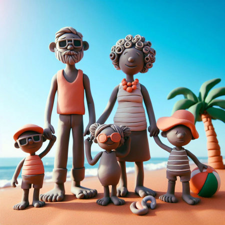 Three children on the beach with their parents. 3D rendering.の素材