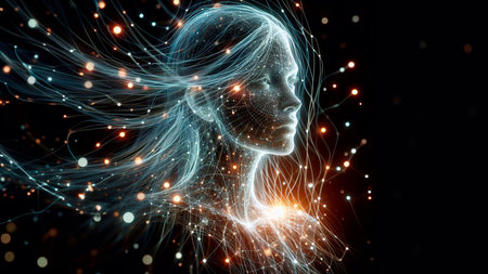 3d rendering of a female head made of glowing particles and linesの素材