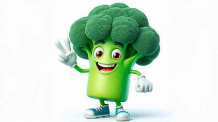 Cartoon character of broccoli with victory pose on white background, 3d illustrationの素材
