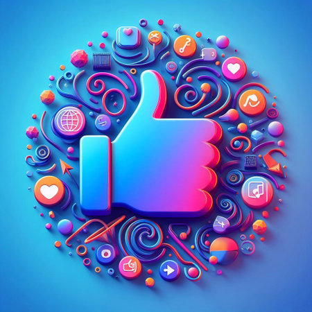 Thumb up sign with social media icons. 3d vector illustrationの素材