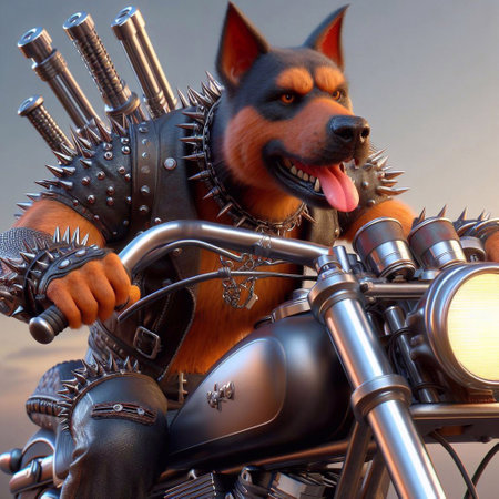 3D render of a German Shepherd with a motorcycle in the backgroundの素材
