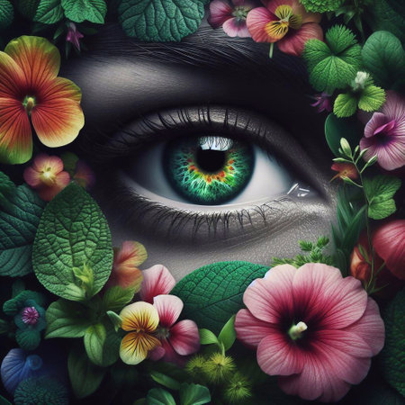 Beautiful green woman's eye with flowers and leaves. 3d renderingの素材