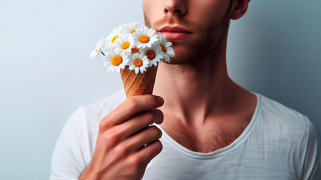Cropped image of handsome young man holding bouquet of daisiesの素材