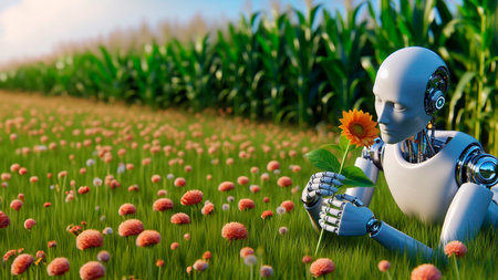 Robot with sunflower in the field. 3d illustration.の素材