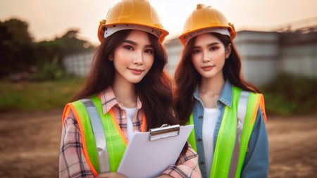 two Asian women engineer or architect with blueprint on construction site backgroundの素材