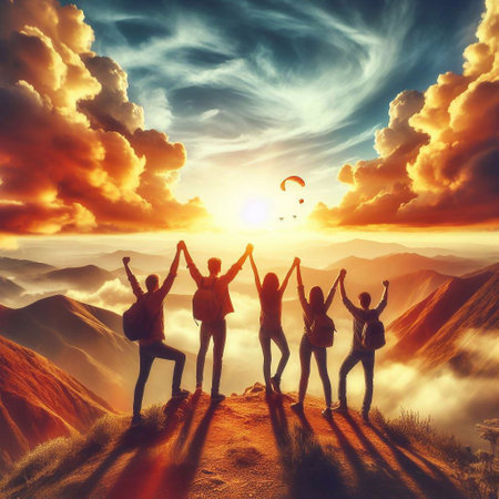 Group of friends with raised hands standing on the top of a mountainの素材