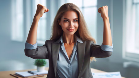 Portrait of a successful businesswoman with arms raised in the officeの素材