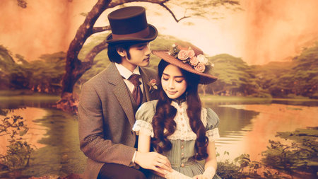 beautiful asian couple in love,vintage style,vintageの素材