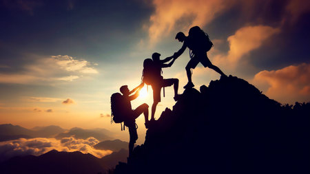 Teamwork and success concept. Silhouette of a group of people reaching the top of the mountain.の素材