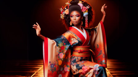 beautiful asian woman in kimono posing on dark backgroundの素材