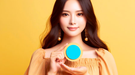 Beautiful young Asian woman smiling and holding mirror on yellow backgroundの素材