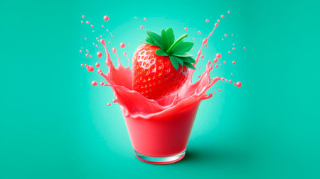 Strawberry juice splash isolated on green background. 3d illustrationの素材