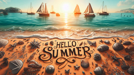 Hello Summer lettering with seashells on a sandy beach. 3D Renderingの素材