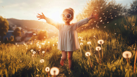 Cute little girl playing with dandelions in the meadow at sunsetの素材